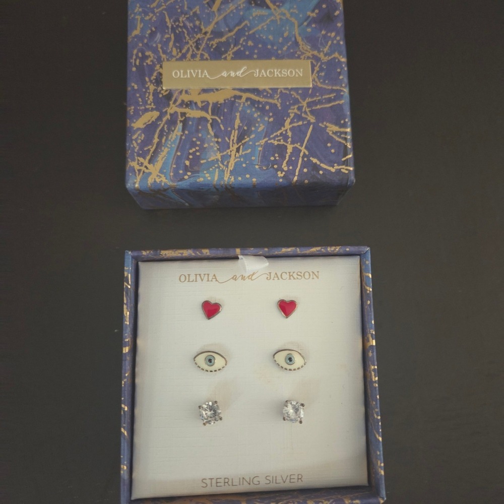 Olivia and‎ Jackson Sterling Silver Stud Earring Set Heart Evil Eye 3 Pairs NEW